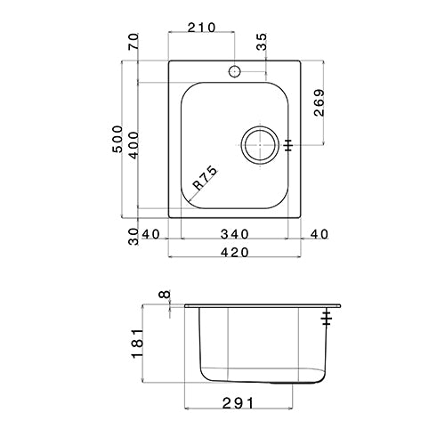 Eingebautes Spülbecken Aus Gebürstetem Stahl 42X50 Cm - MEGART