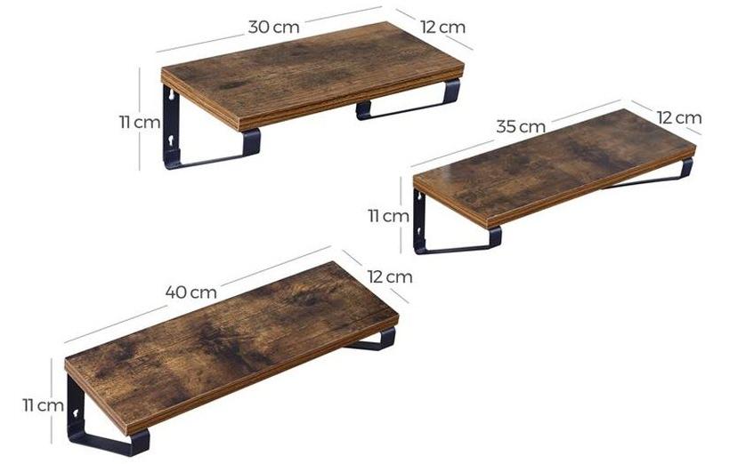 Wandregal 3er Set 30/35/40 x 11 cm/12 cm, Braun/Schwarz - MEGART