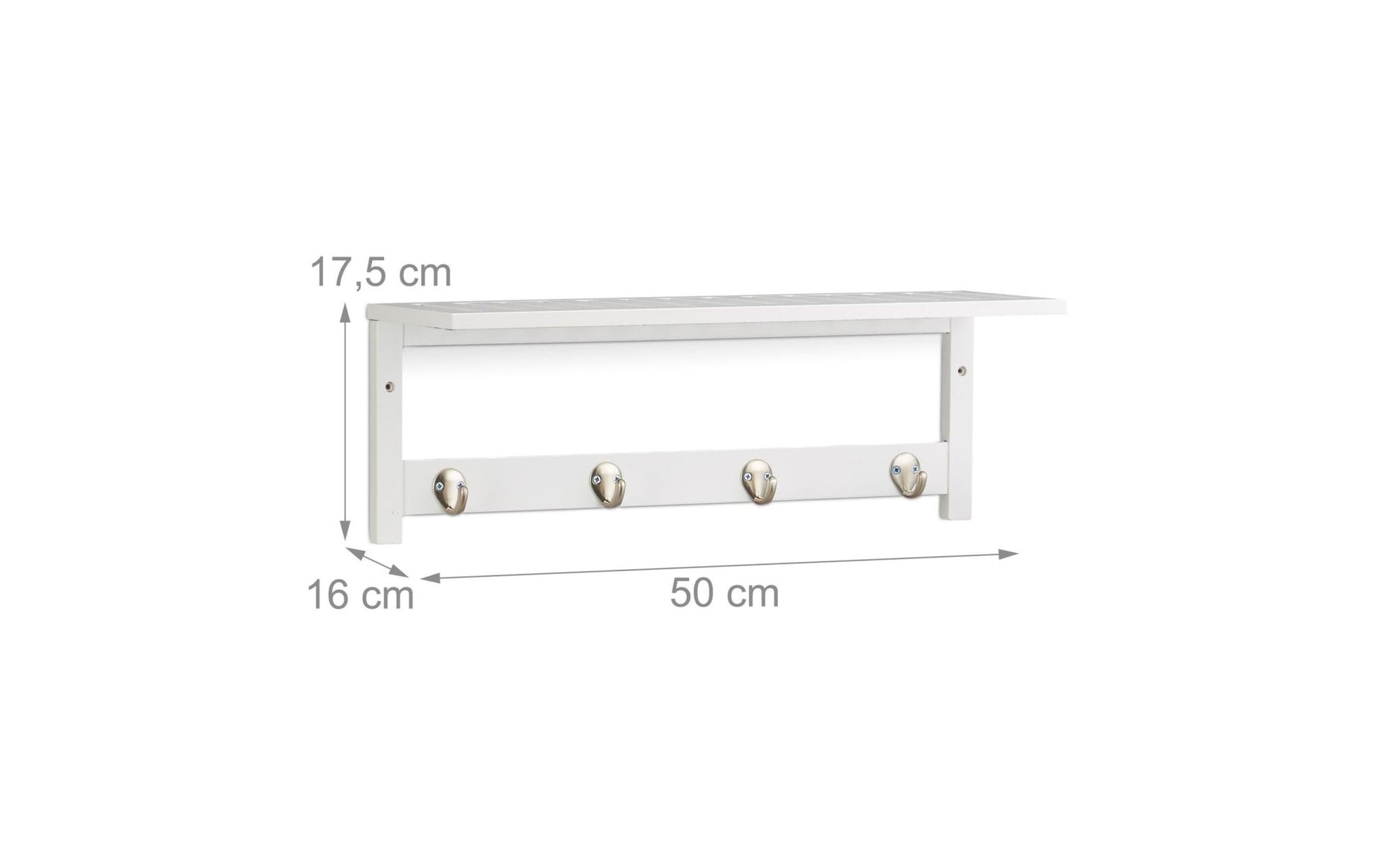 Wandregal mit 4 Haken 50 cm x 17.5 cm, Weiss - MEGART