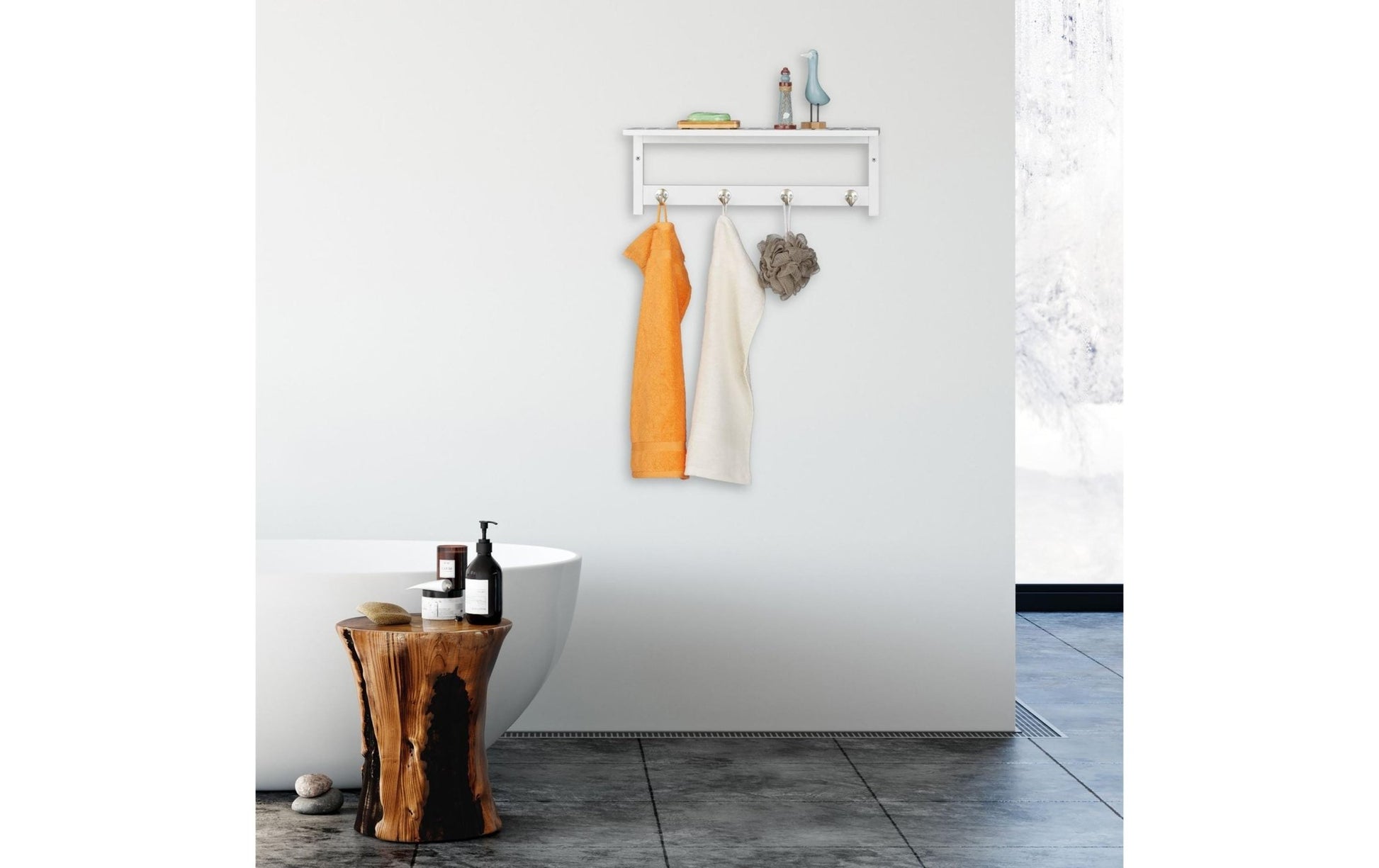 Wandregal mit 4 Haken 50 cm x 17.5 cm, Weiss - MEGART