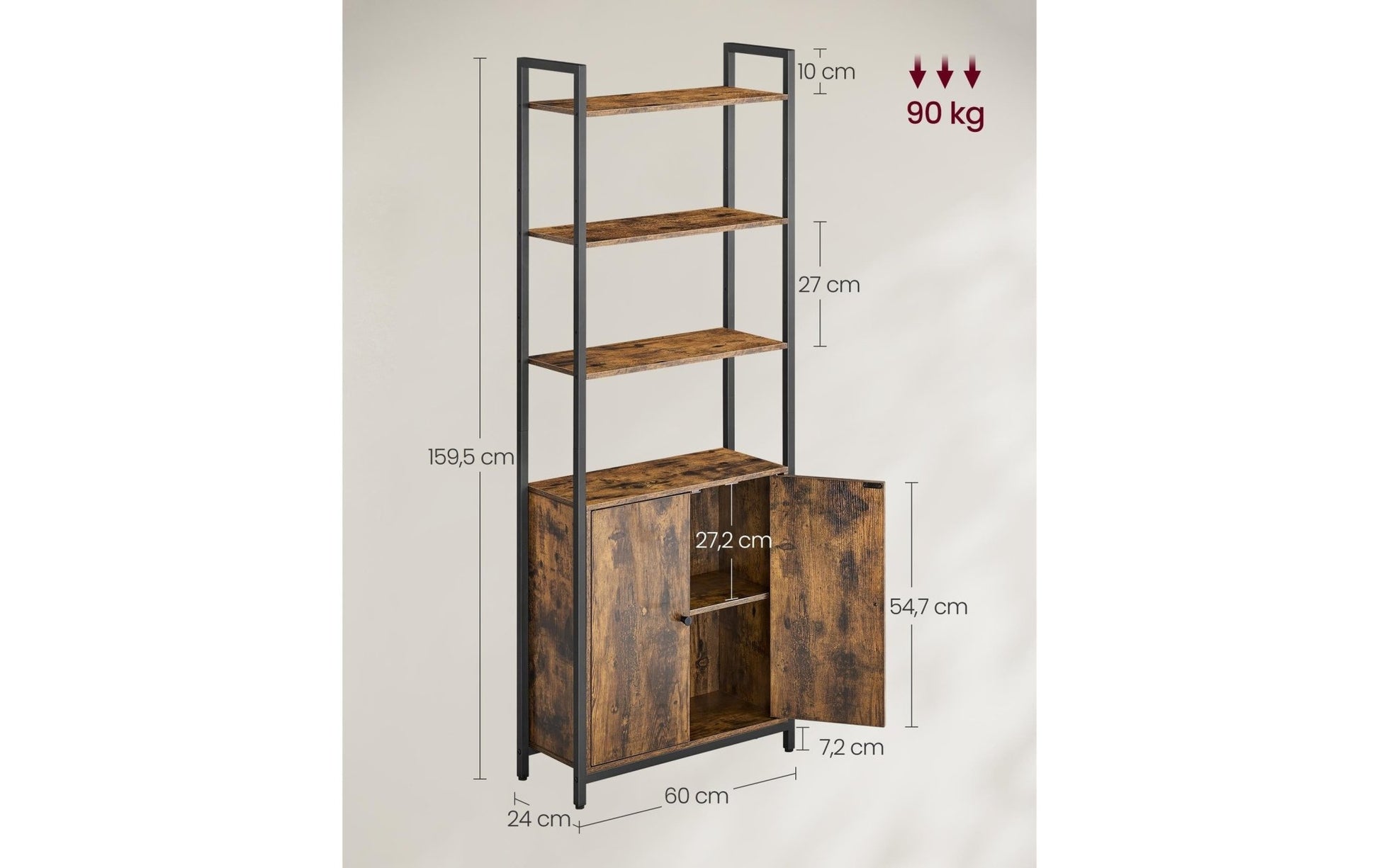Regal mit 4 Ablagen 60 cm x 159.5 cm, Braun/Schwarz - MEGART
