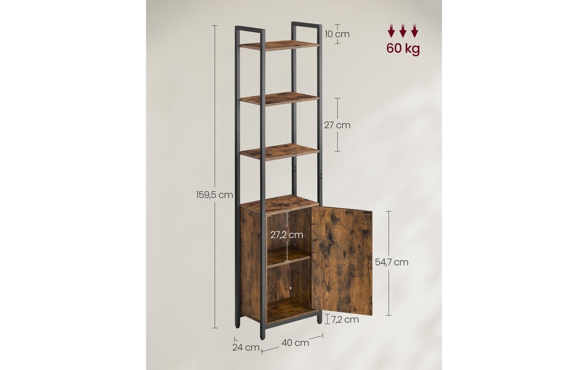 Regal mit 4 Ablagen 40 cm x 159.5 cm, Braun/Schwarz - MEGART