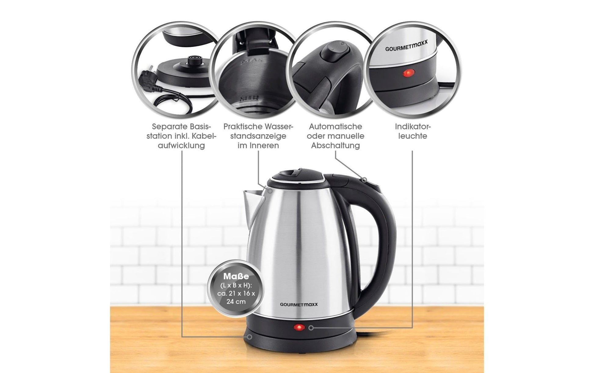 Wasserkocher 1.8 l, Schwarz/Silber - MEGART