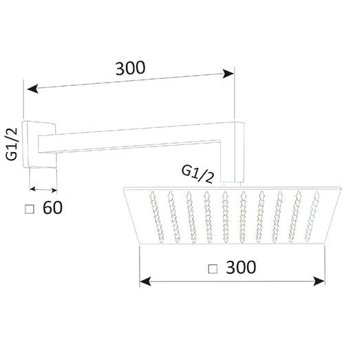 Quadratischer Wandduschkopf 30 cm mit Arm - MEGART