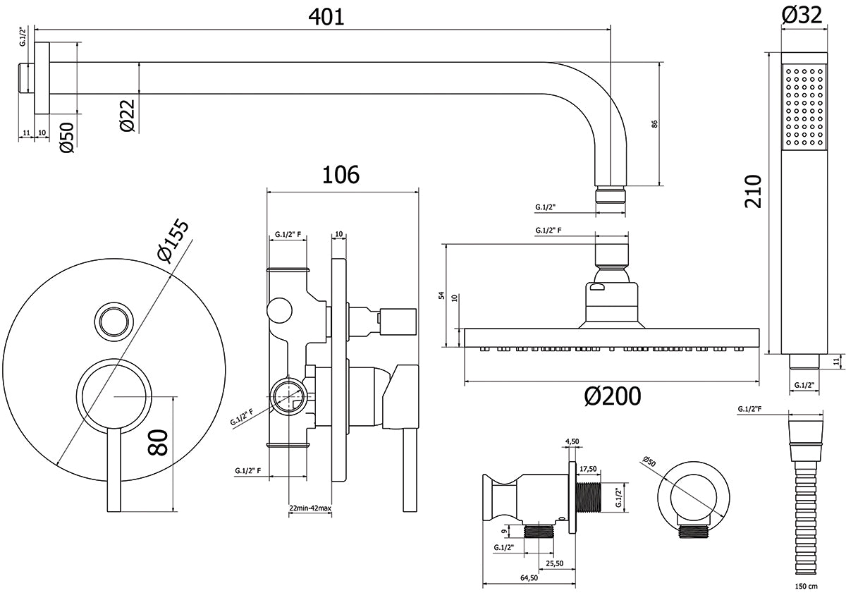 Mattschwarzes Duschset Carola - MEGART