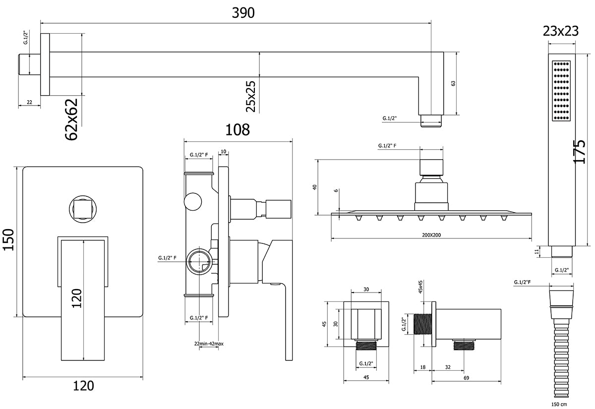 Mattschwarzes Duschset Kyra 2 - MEGART
