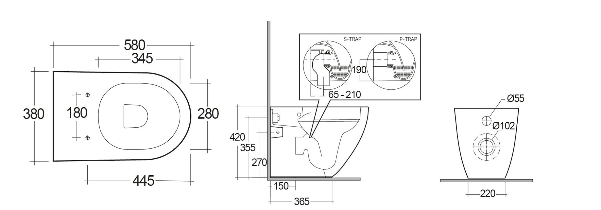 Des WC, wandbündig, Rimless, 58 cm, versteckte Befestigung - MEGART