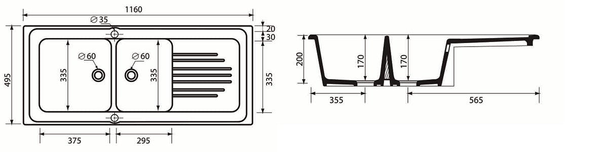 Einbau - Keramikspüle Modell C281 Mit 2 Becken 116 X 50 - MEGART