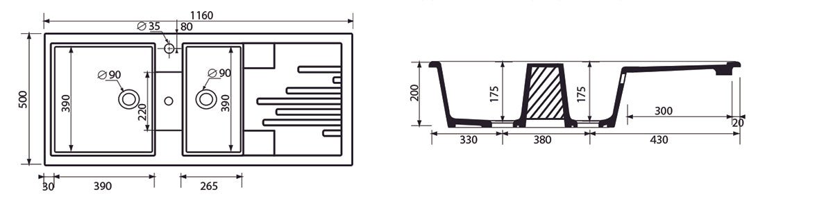 Einbau - Spülbecken Aus Keramik Mod. C283 Mit 2 Becken 116 X 50 - MEGART